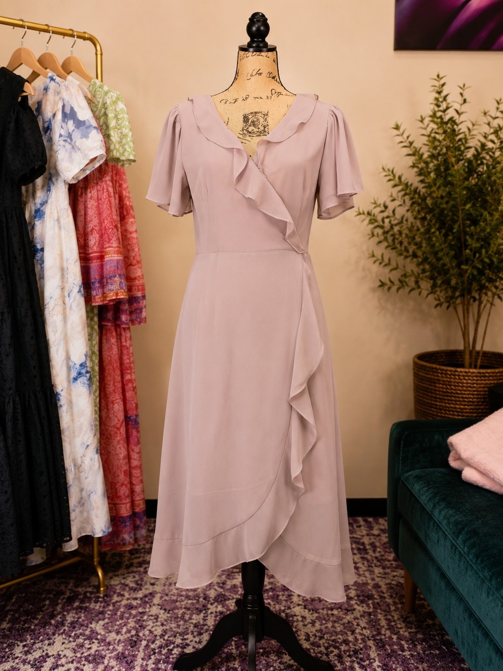 Women’s Cream Ruffle Wrap Midi Dress